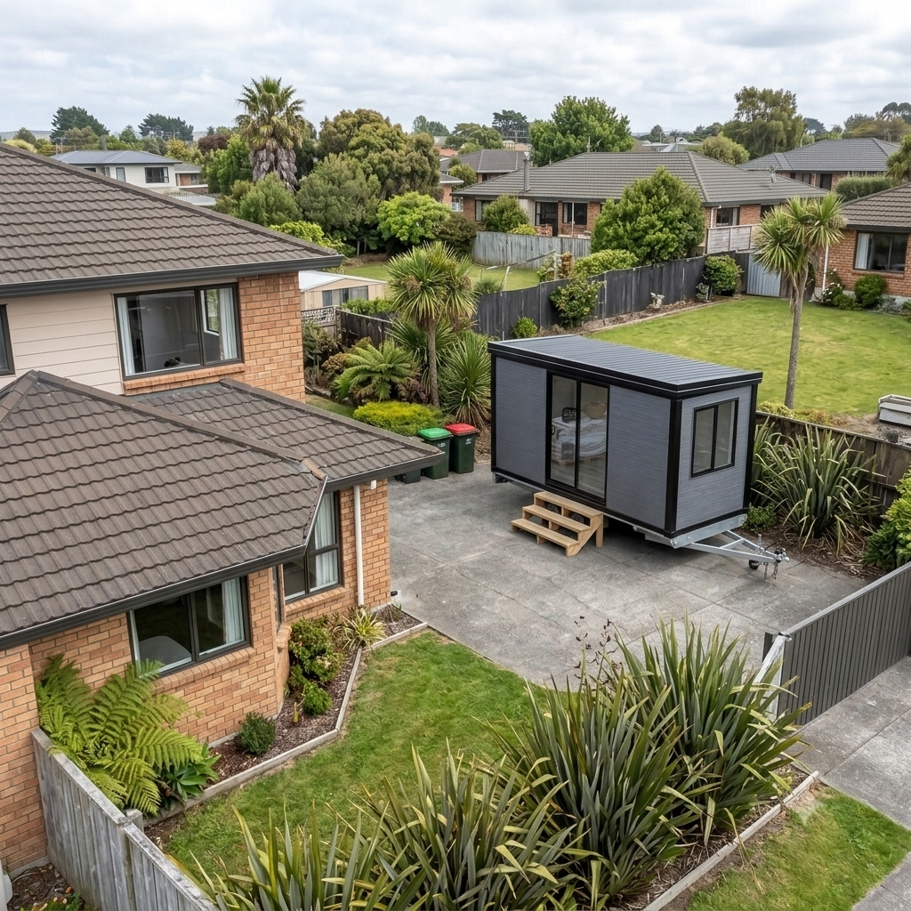 A RoomDrop® cabin positioned in a Christchurch backyard