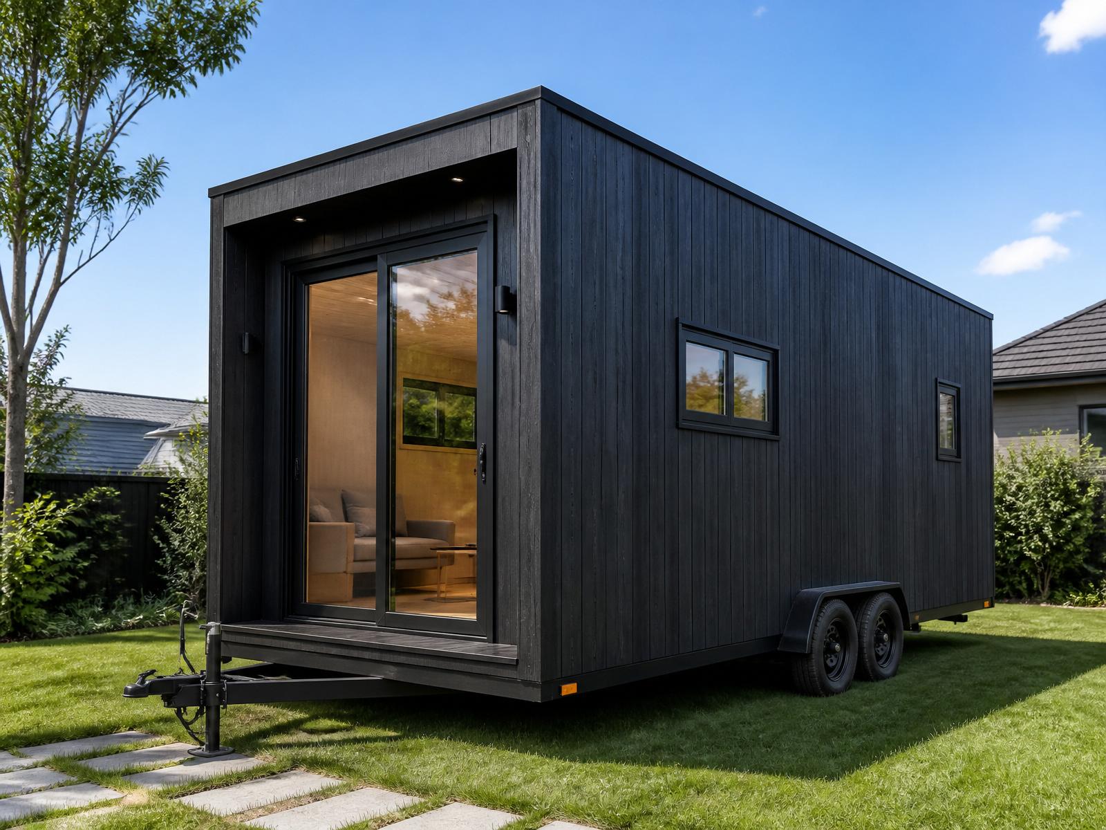 Exterior view of a RoomDrop cabin on its trailer chassis